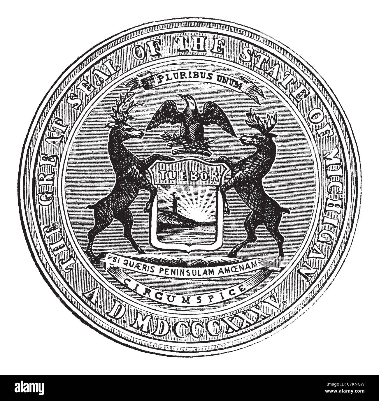 Seal of the state of Michigan, vintage engraved illustration. Trousset encyclopedia (1886 - 1891). Stock Photo