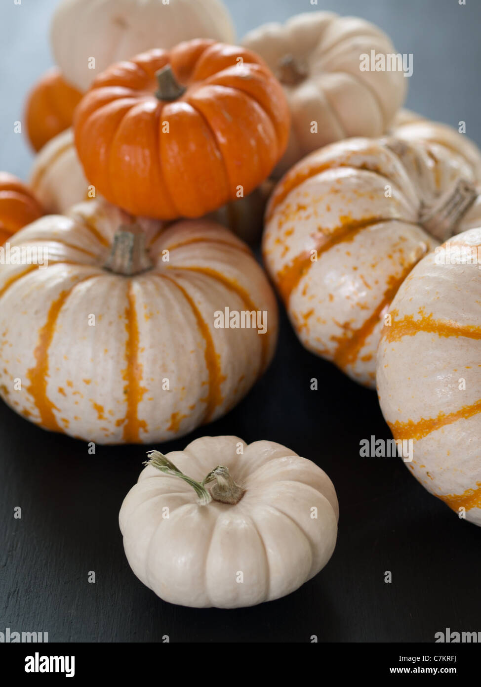 Assorted pumpkins sitting on a black wooden board Stock Photo