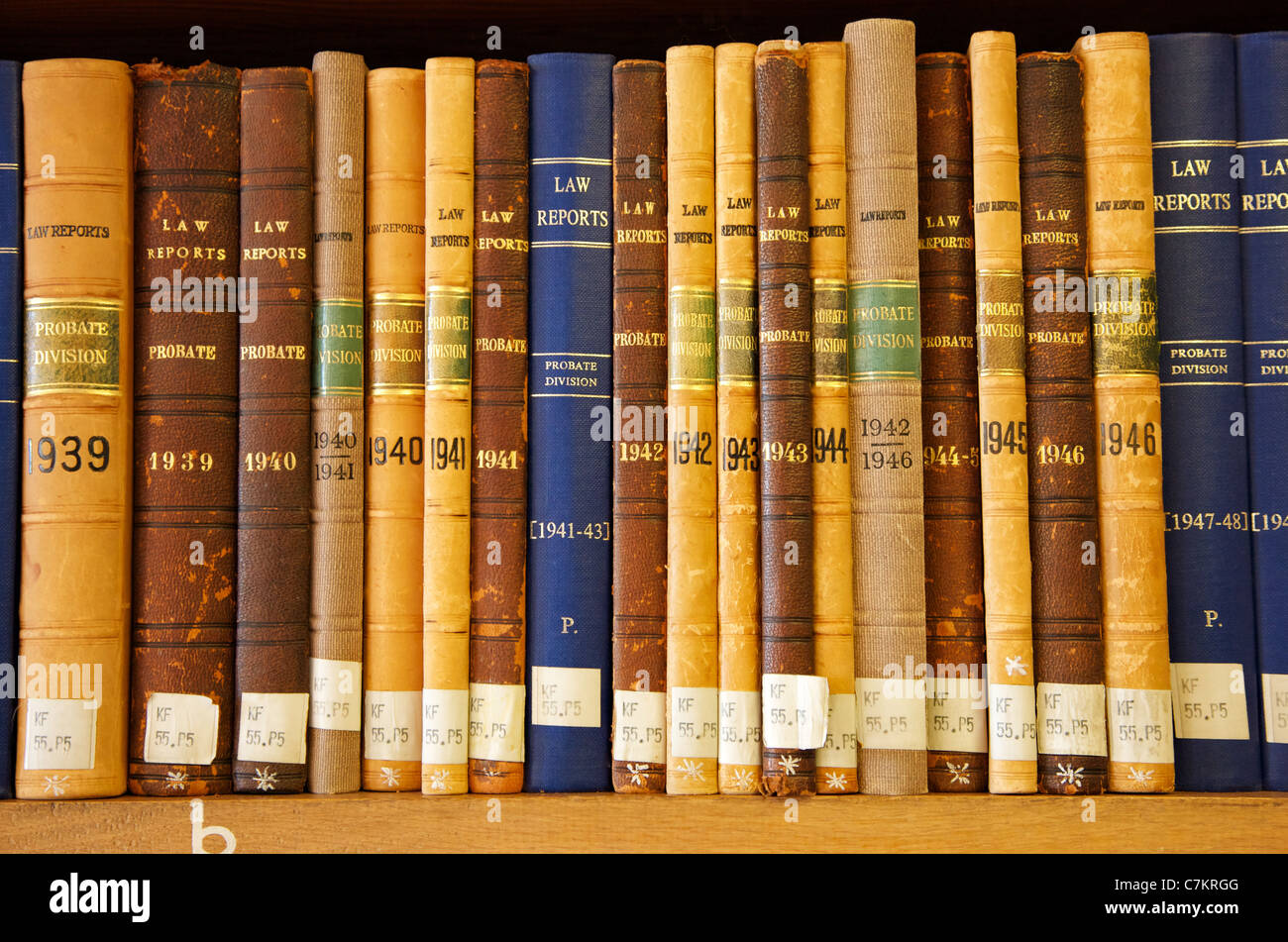 Bound volumes of law reports from 1939 to 1947 on a library shelf Stock Photo