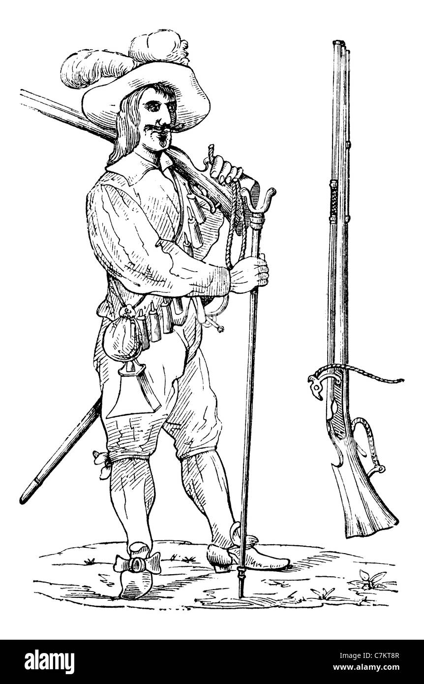Musketeer of the sixteenth and seventeenth centuries, vintage engraved illustration. Trousset encyclopedia (1886 - 1891). Stock Photo