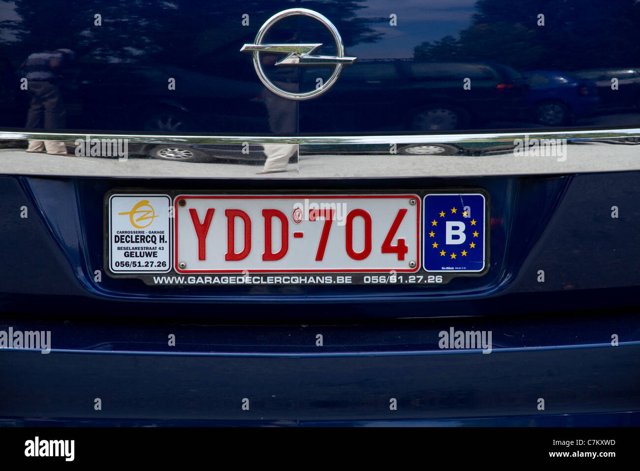 Belgian number plate on blue Opel car in France Stock Photo