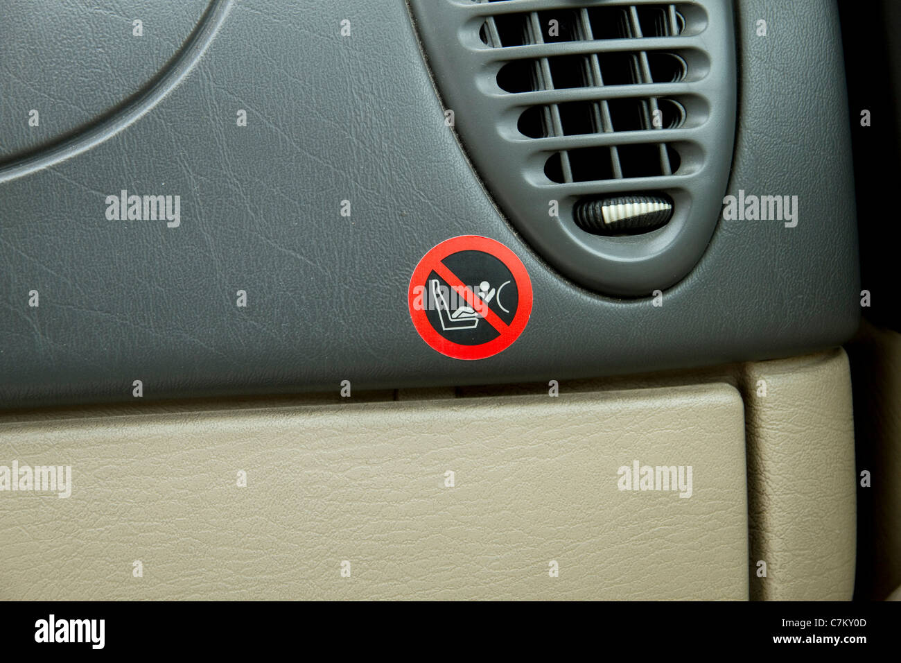 Child safety sign on car dashboard Stock Photo Alamy