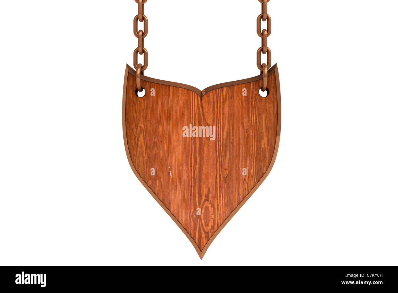 Wooden sign shield with chain on white background Stock Photo - Alamy