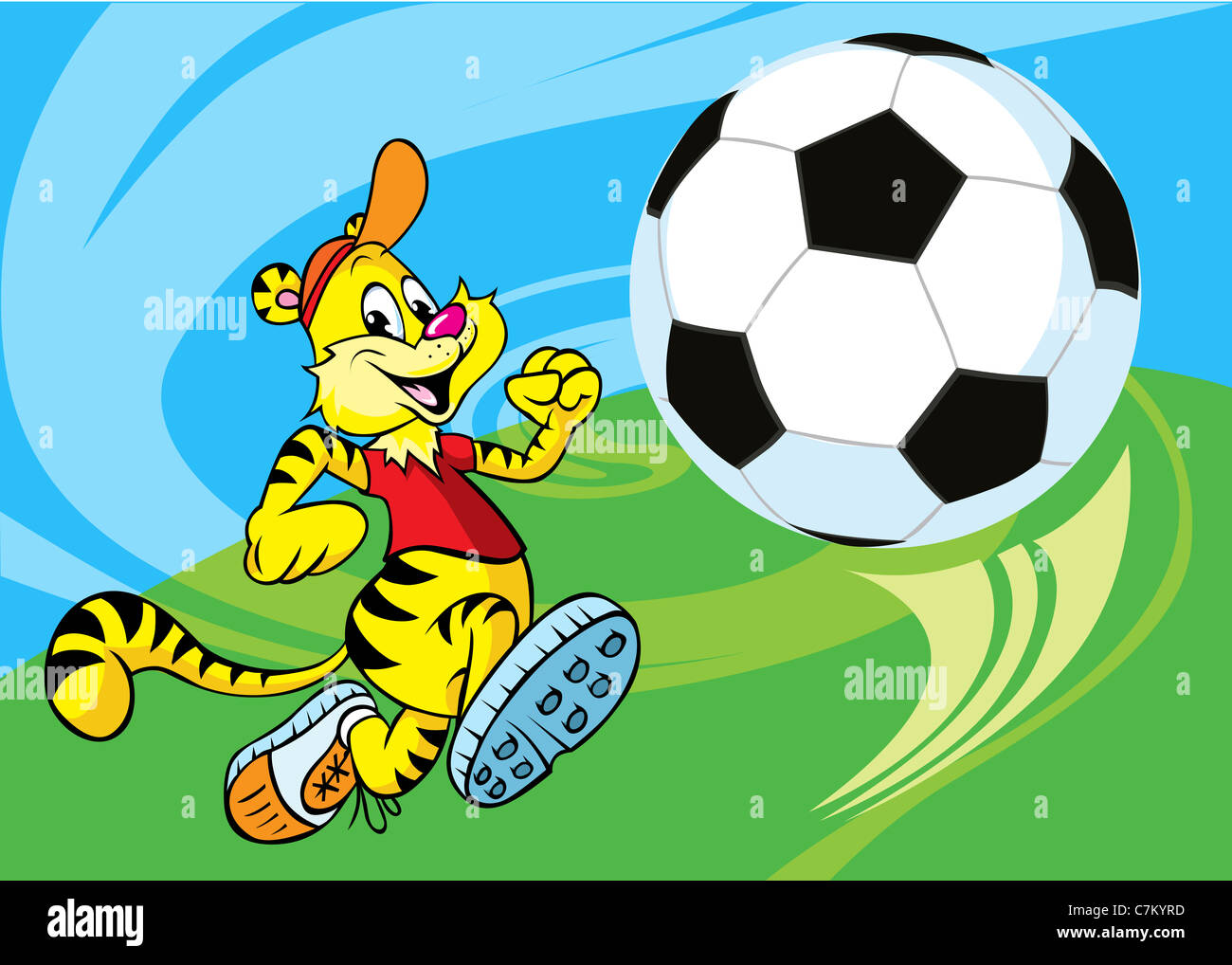 Tiger runs a soccer ball Stock Photo