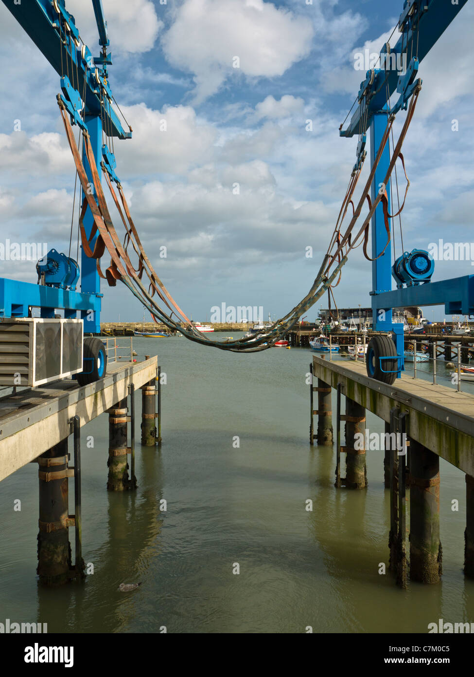 Bridlington harbour 75 ton boat hoist for repairs and maintenance Stock