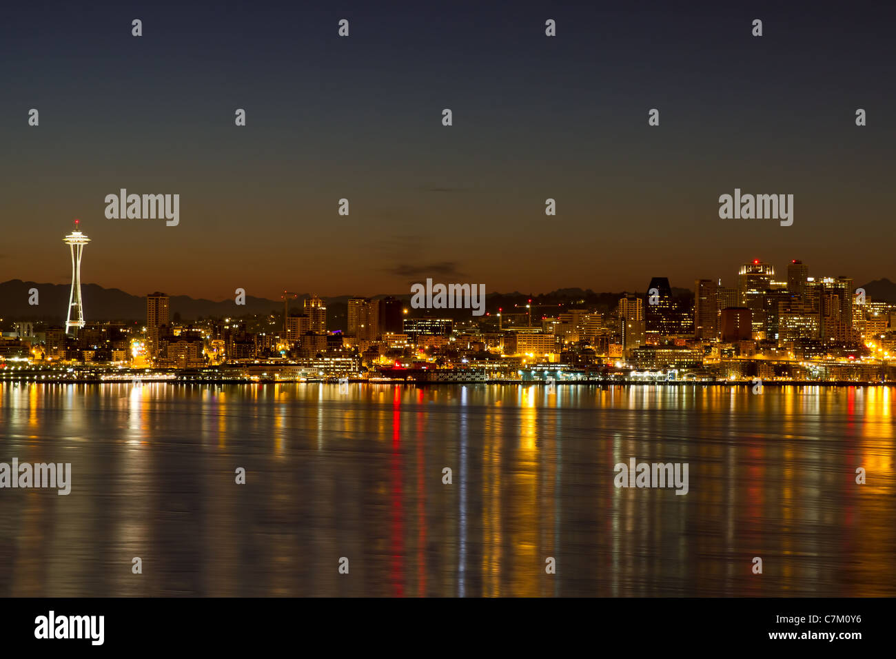 Seattle Washington City Skyline Reflection on Puget Sound at Dawn Stock ...