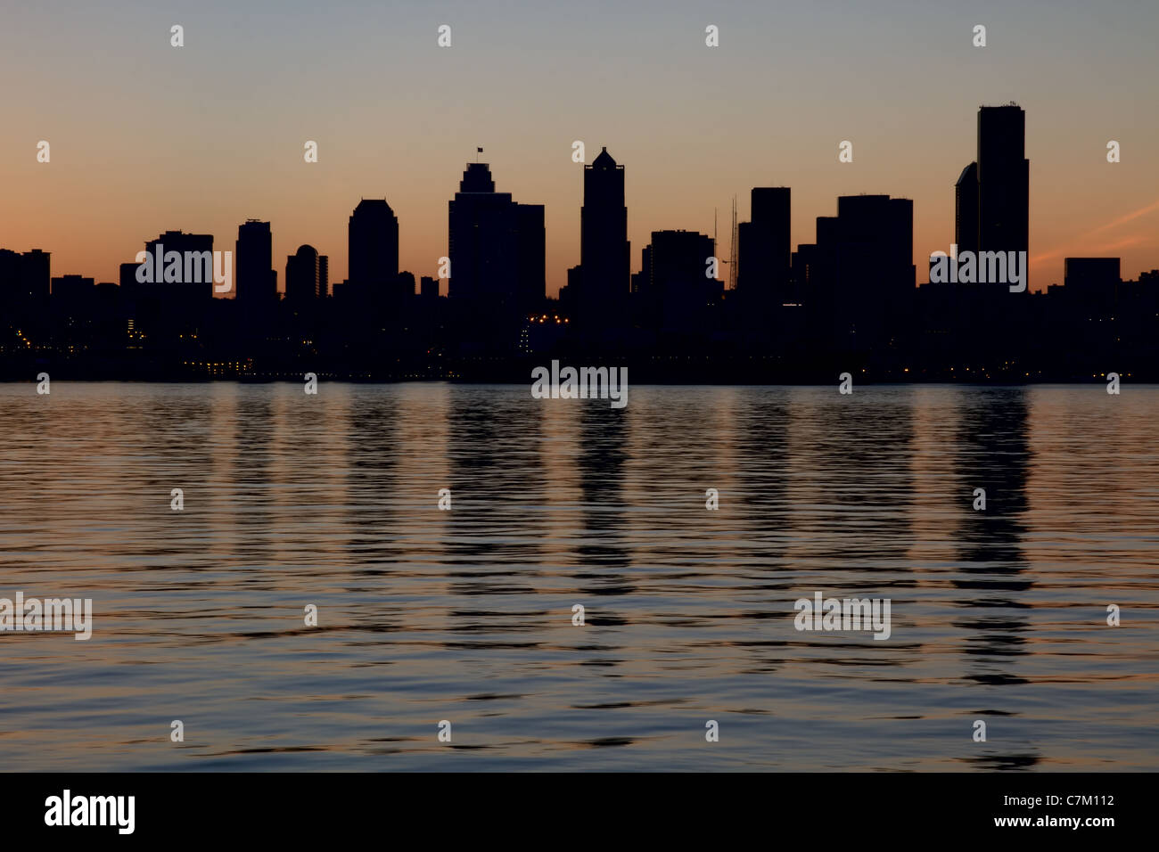 Seattle Washington Downtown Skyline Silhouette along Puget Sound Stock Photo