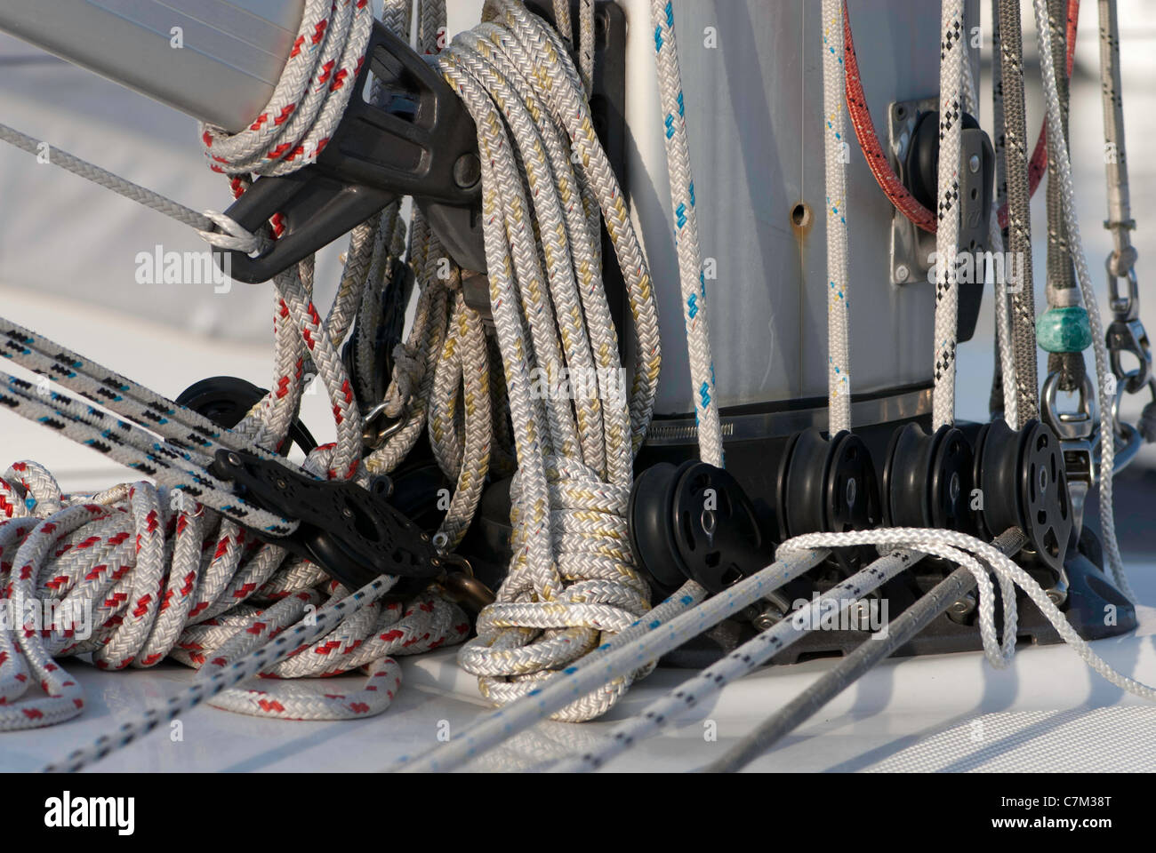 Close up of various rigging ropes on a yacht Stock Photo - Alamy