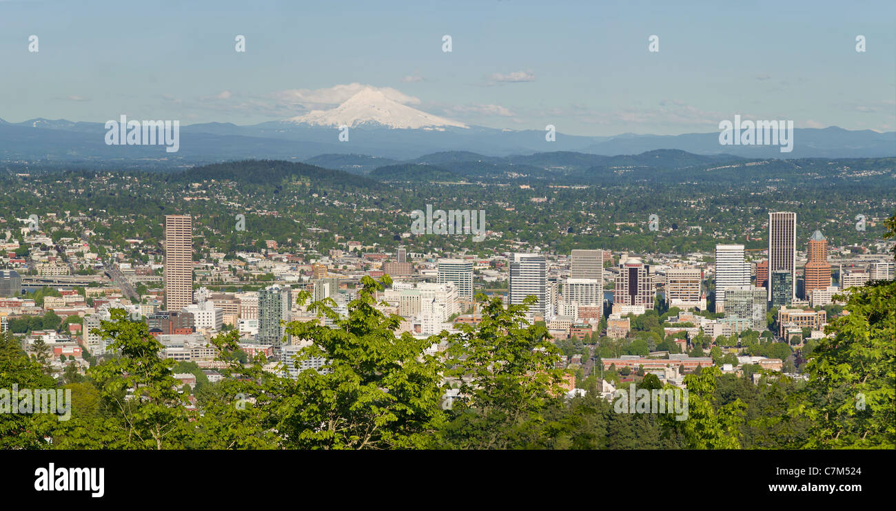 Portland Oregon Cityscape and Mount Hood Panorama Stock Photo