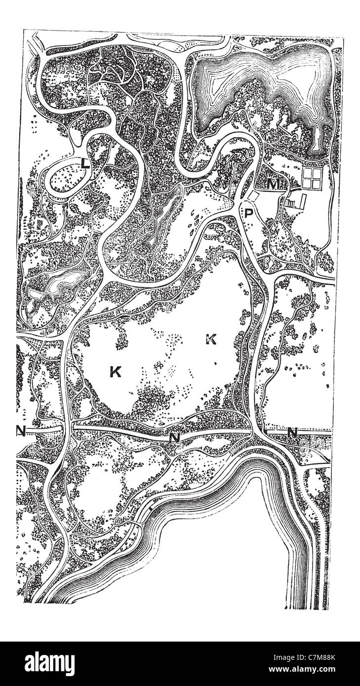 Map of Central Park, in Manhattan in New York City, NY, USA, vintage engraved illustration. Trousset encyclopedia (1886 - 1891). Stock Photo