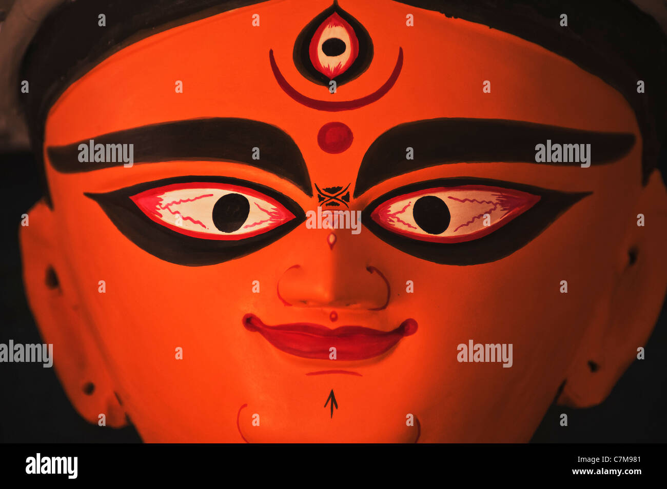 Durga-Goddess,grim,faced,staring,Look,warning,signal,to,World. Stock Photo