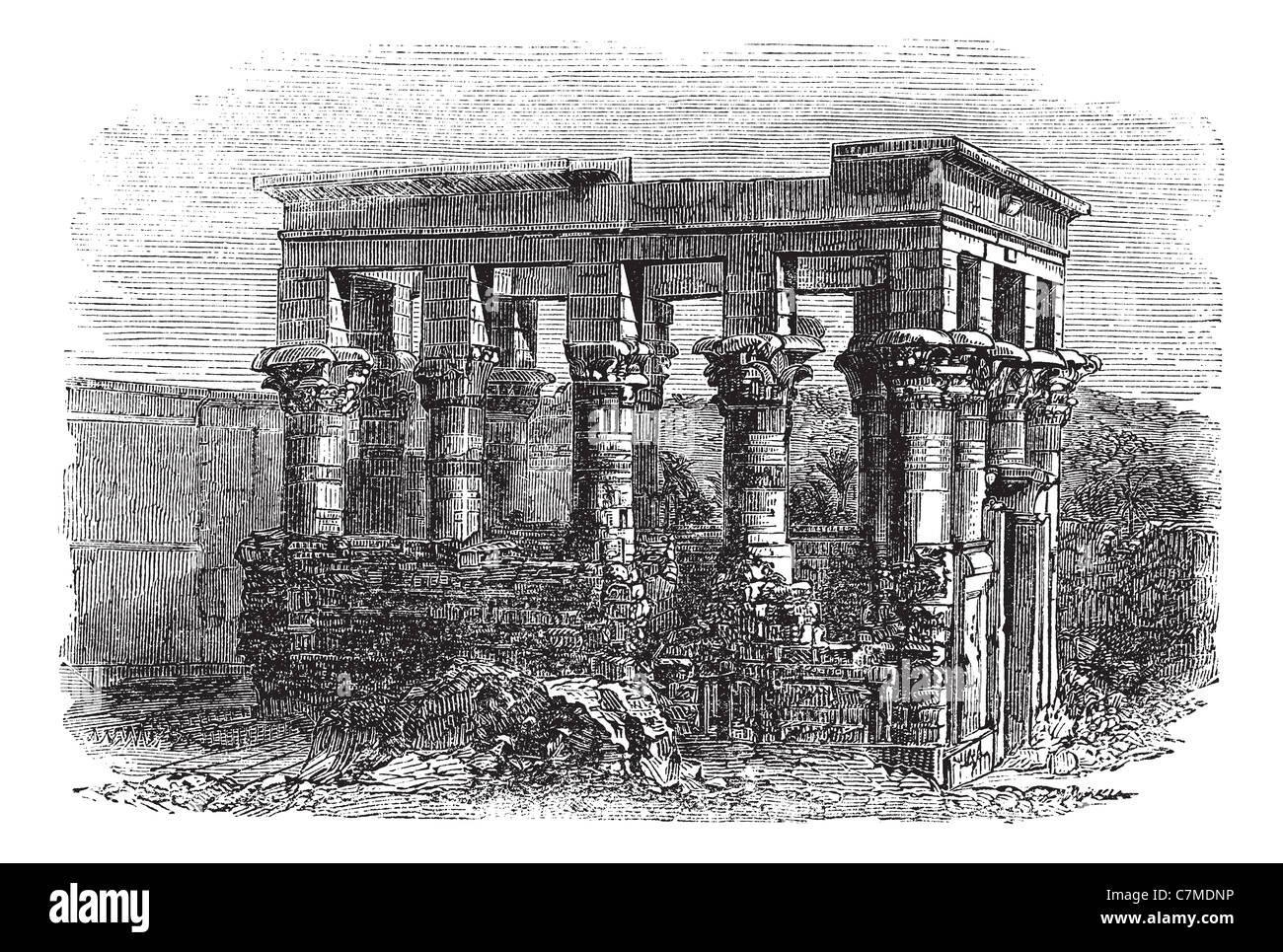 Temple of Isis at Philae, vintage engraved illustration. Exterior of Temple of Isis during late 1800s. Stock Photo