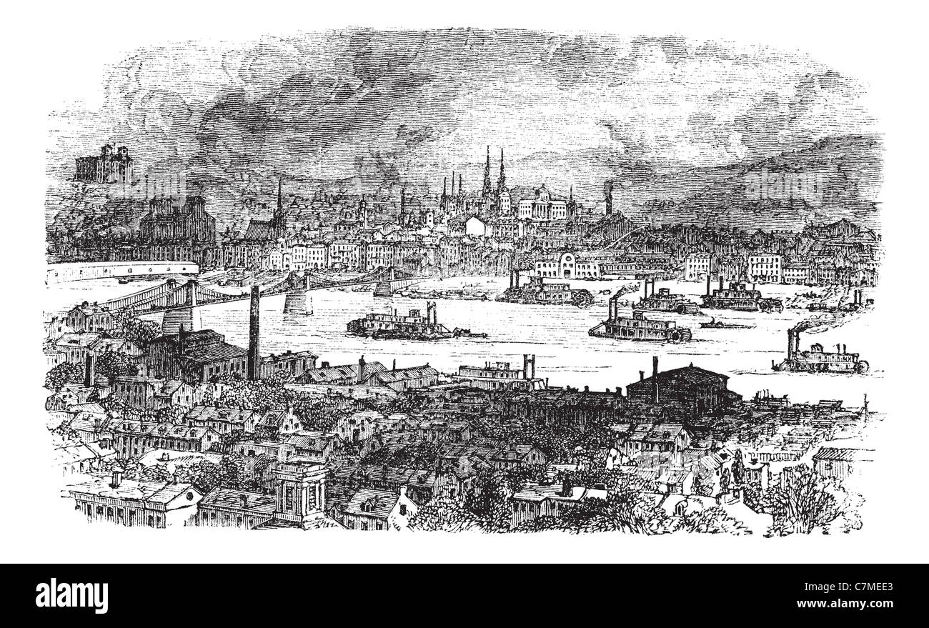 City of Pittsburgh, vintage engraved illustration. River, bridge and buildings at Pittsburgh, Pennsylvania during late 1800s. Stock Photo