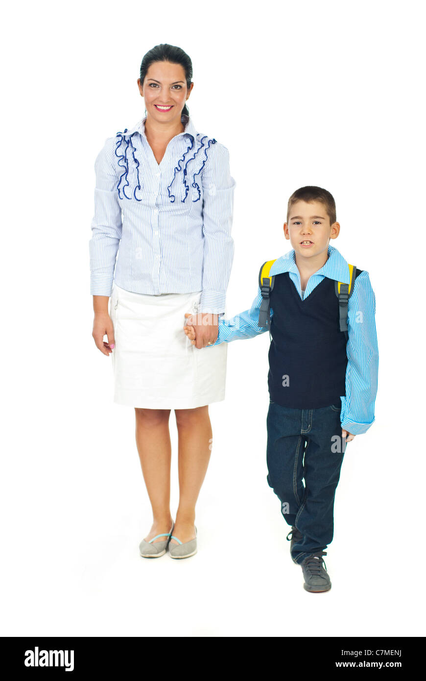Mother holding son hand,talking and going together in first day of school Stock Photo