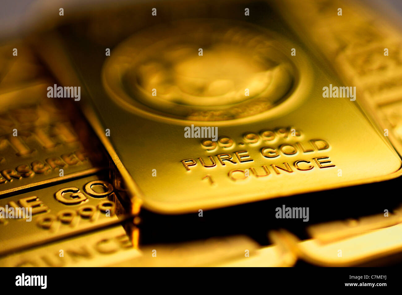 Gold bullion in 1oz bars / ingots (gold-plated replicas) Stock Photo