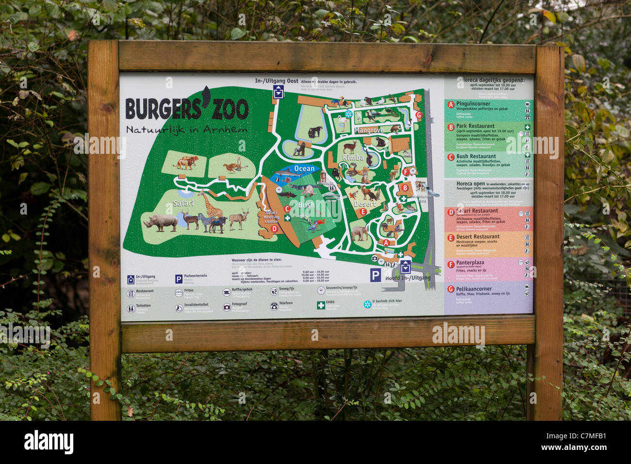 Graphics; Sign showing visitors to Burgers Zoo, Arnhem, plan of grounds. The Netherlands. Holland. Stock Photo