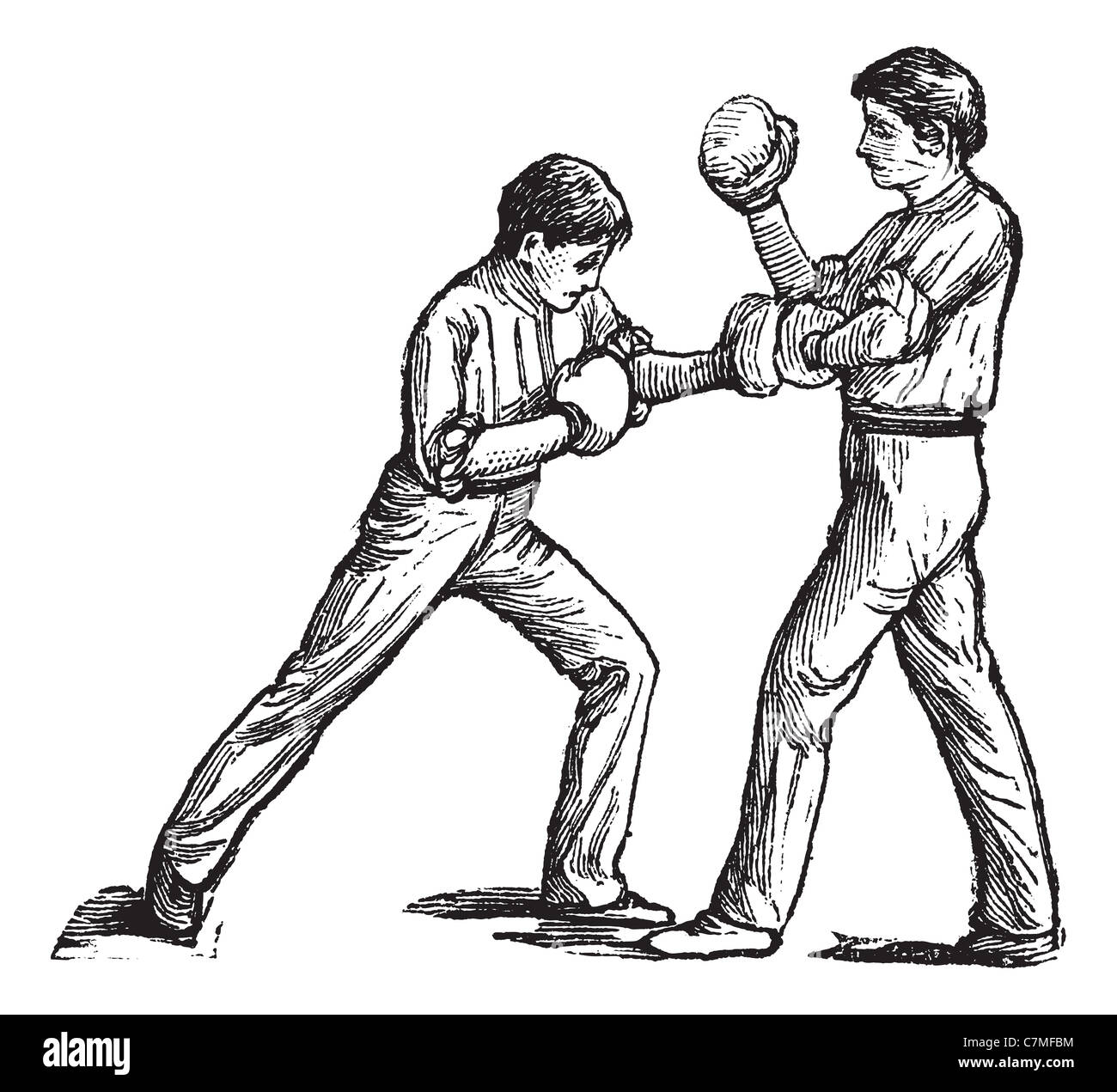 Two boxers fighting, vintage engraving. Old engraved illustration of