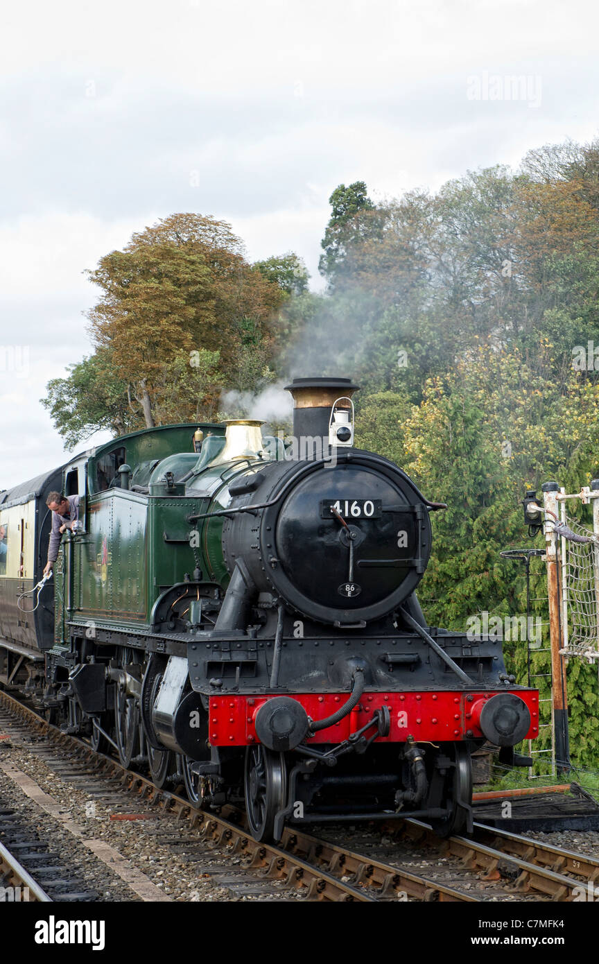 GWR Large Prairie tank 2-6-2 No 4160 Steam Locomotive approaching Bewdley Station, Worcestershire on the Severn Valley Railway Stock Photo