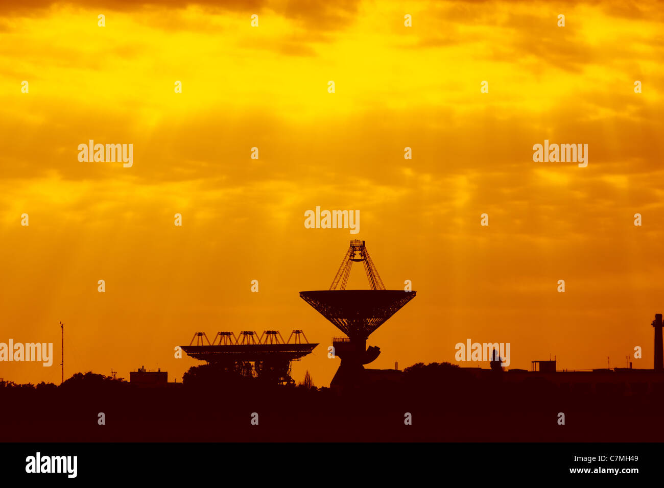 Antennas for space communications at sunset. Ukrainian Space Center Stock Photo