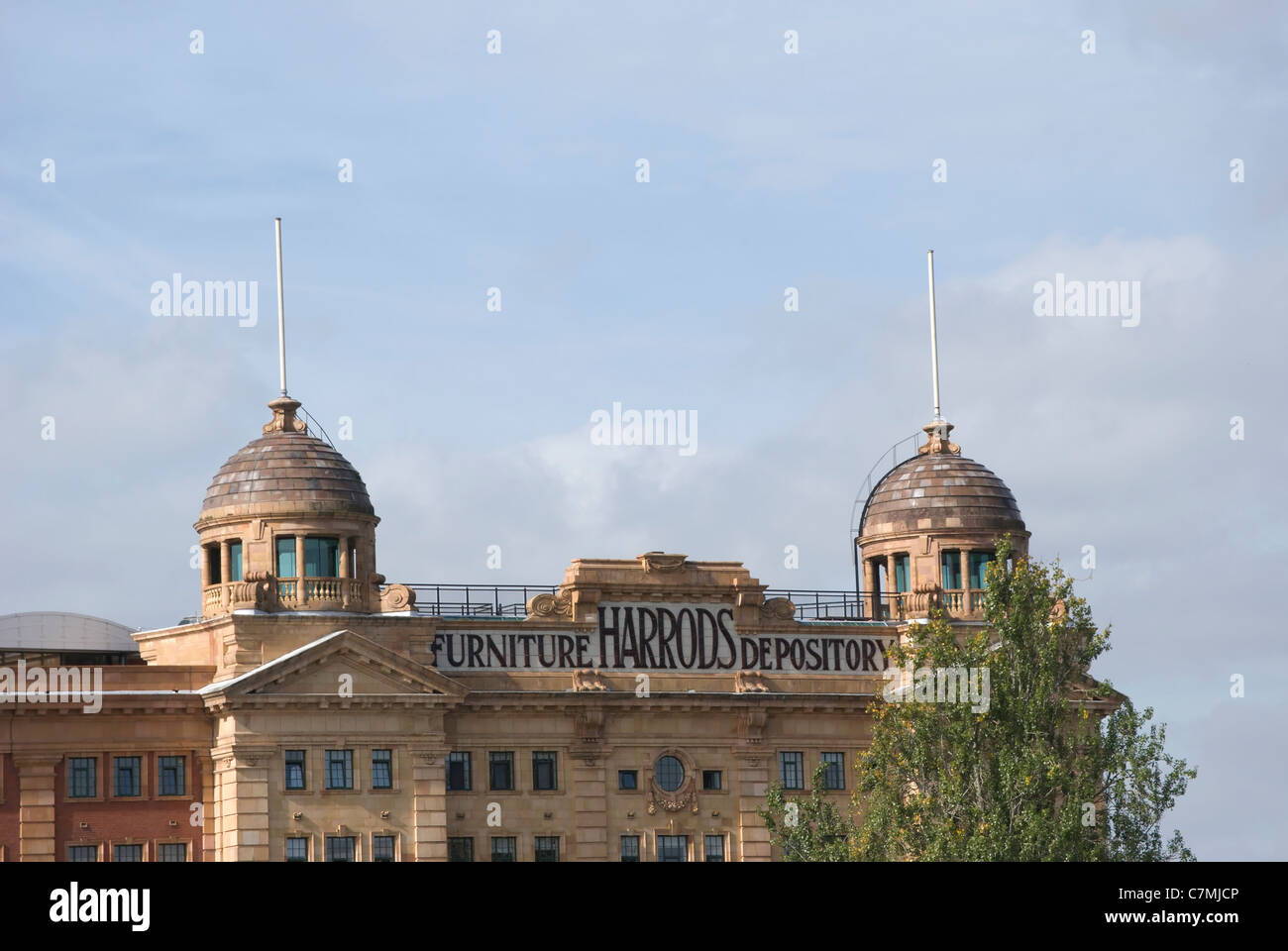 exterior detail of harrods furniture depository, barnes, london, seen