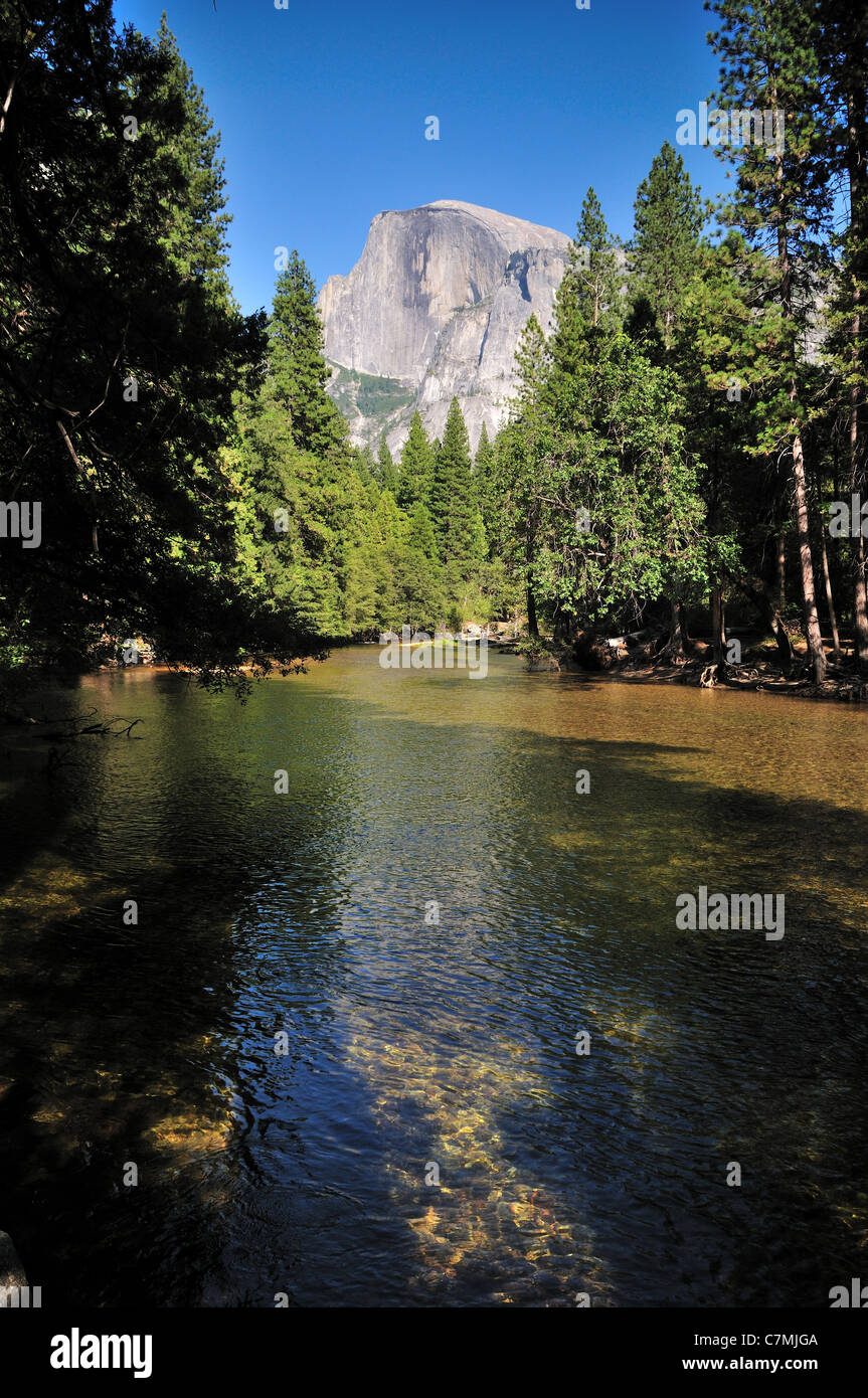 Light filters through the trees into Merced River under the Half Dome. Yosemite National Park, California, USA. Stock Photo