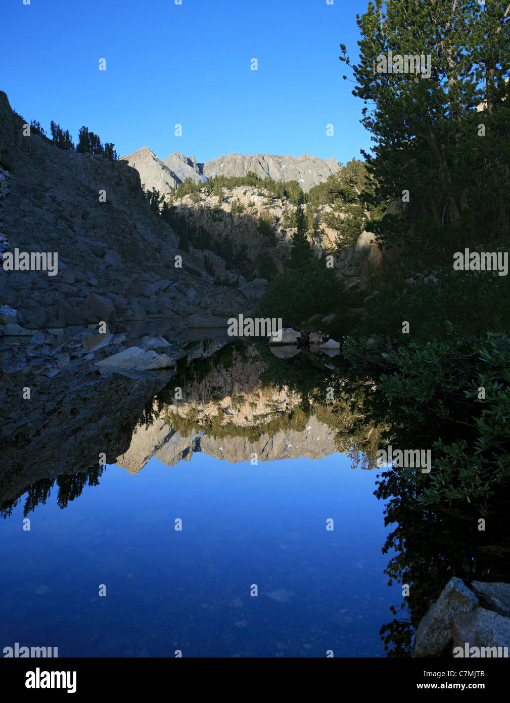 mountain reflection in a small pool in the Sierra Nevada mountains Stock Photo