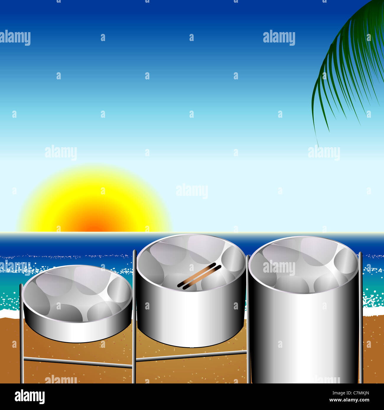 Vector Illustration of three variations of Steel Pan Drums on the beach invented in Trinidad and Tobago. Stock Photo