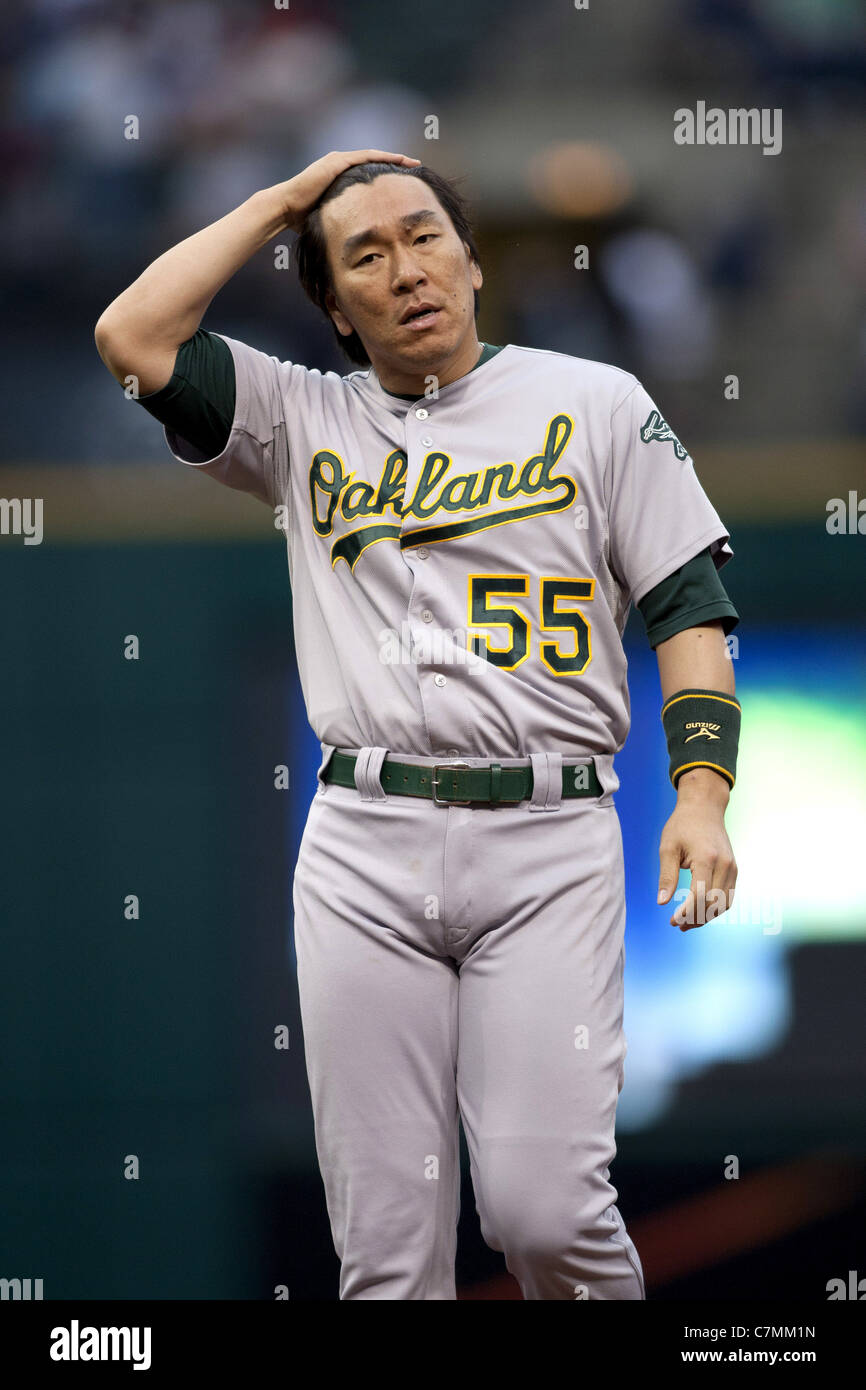 Hideki Matsui (Athletics) plays during the game against the Cleveland Indians. Stock Photo