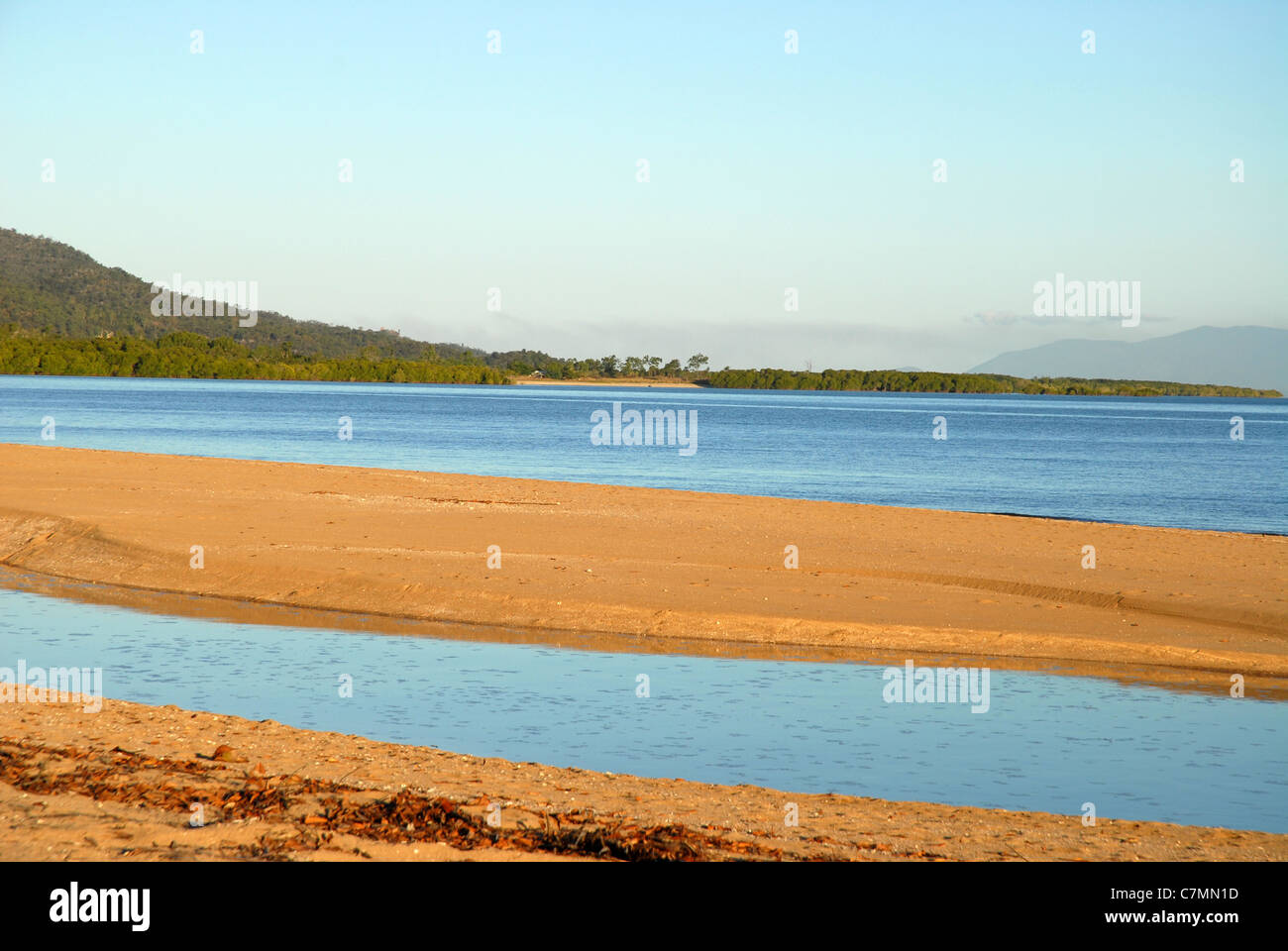 view over beach and sandbank at lowtide, from West Point,