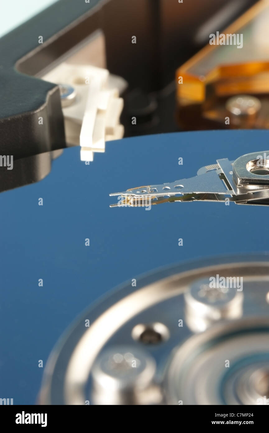 Armature and platters inside a computer hard drive Stock Photo