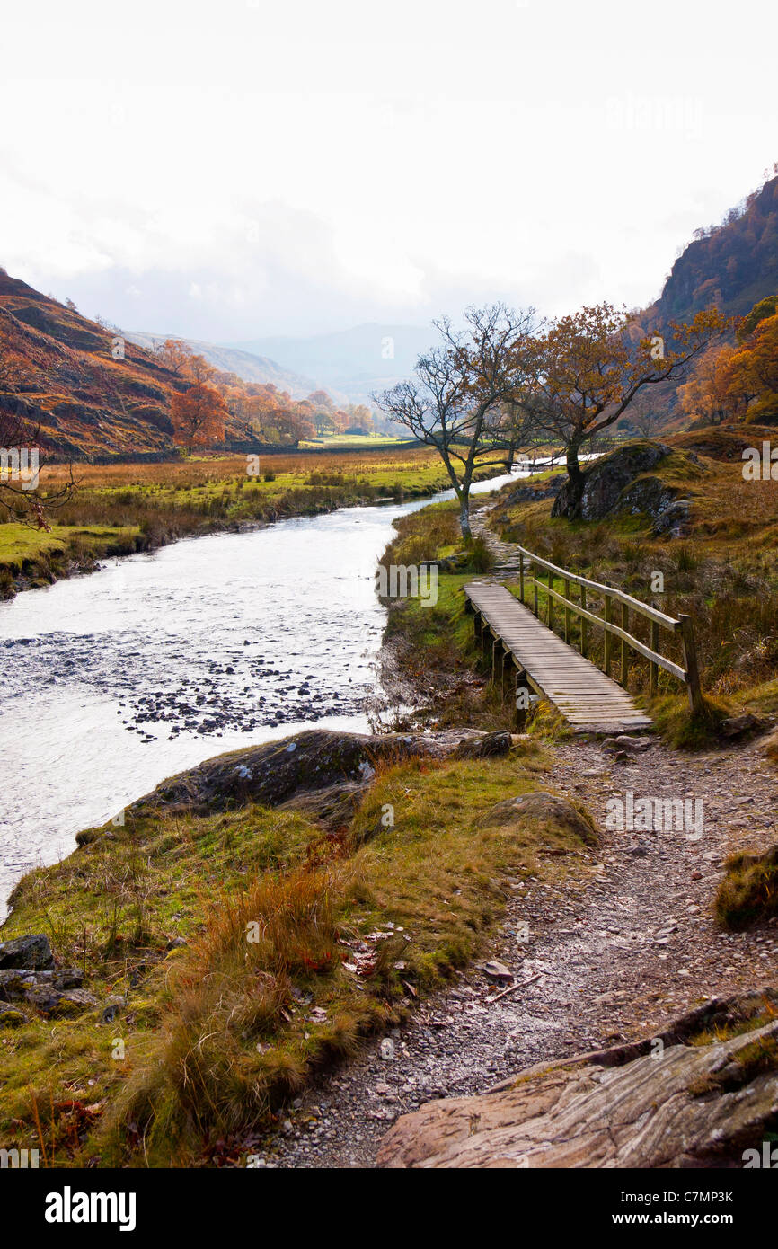 riverside walk in the borrowdale valley.upright format.copy space. Stock Photo