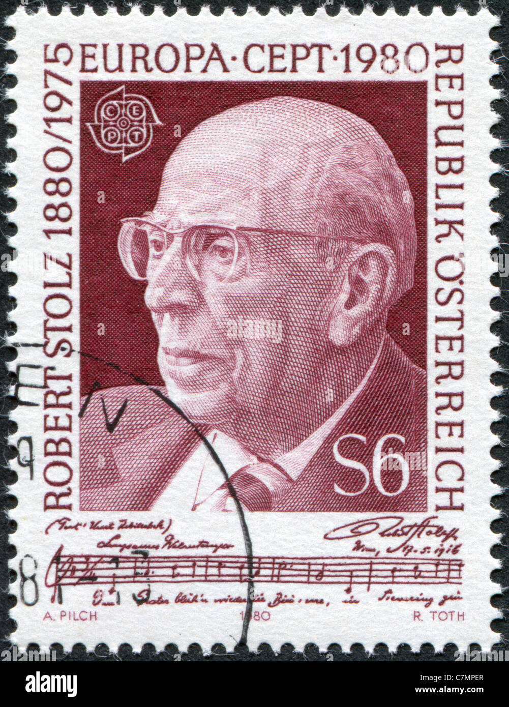AUSTRIA - 1980: A stamp printed in the Austrian, portrayed Robert Stolz, Composer Stock Photo