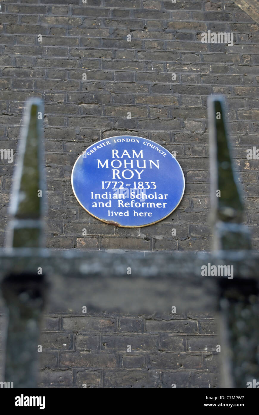 greater london council blue plaque marking a home of indian scholar and reformer, ram mohun roy, bedford square, london, england Stock Photo