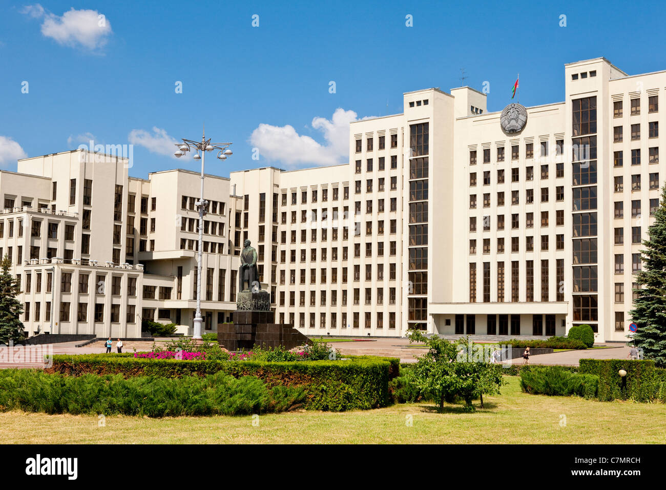 House of Government in Minsk, with a statue of Vladimir Lenin in the ...