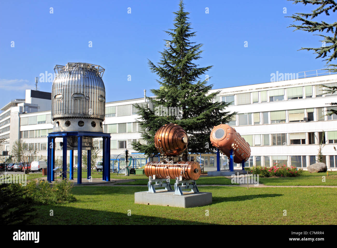 CERN - European Organization for Nuclear Research. Founded in 1954 on the Franco–Swiss border near Geneva Switzerland Europe. Stock Photo