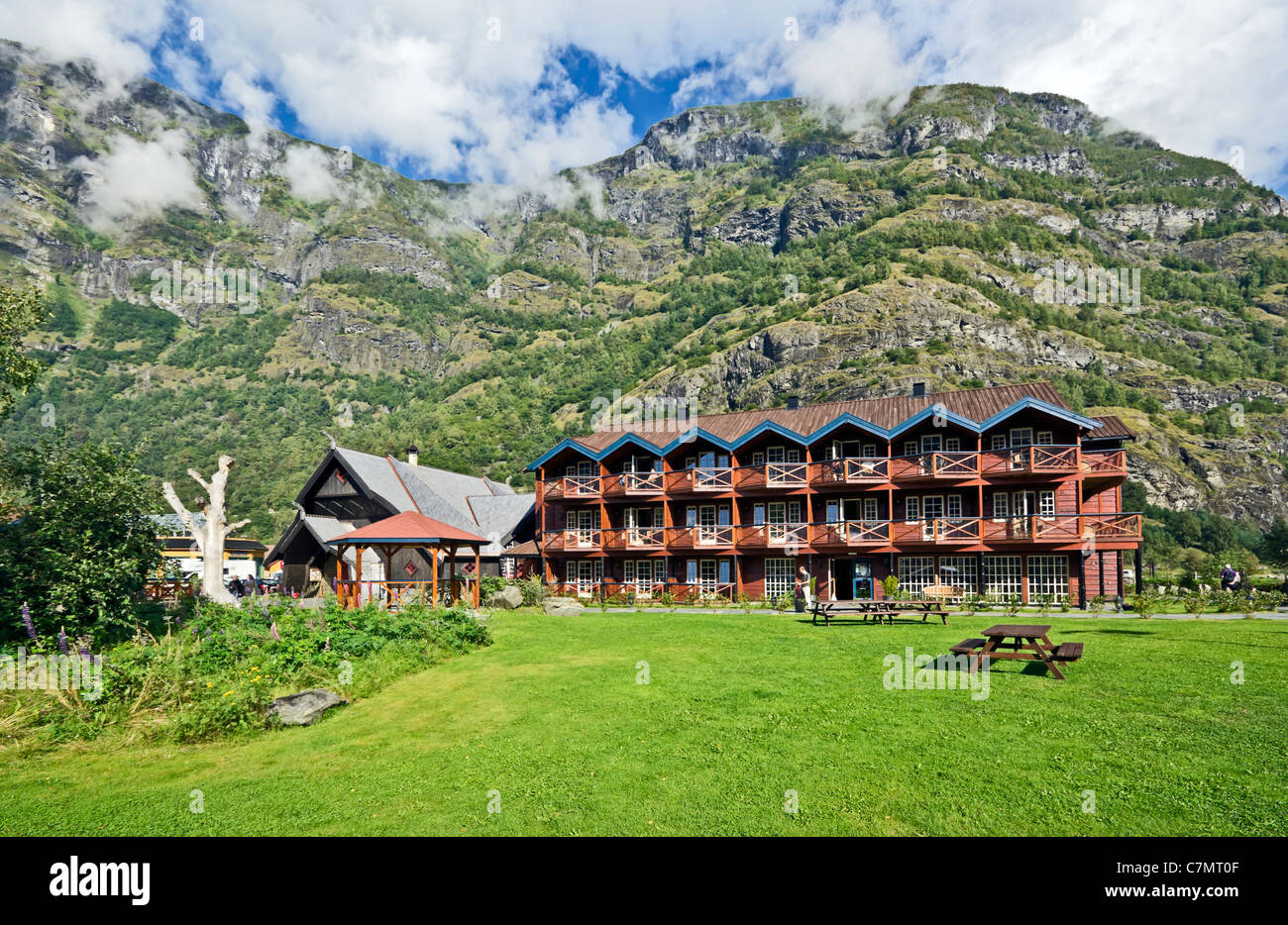 Flåmsbrygga Hotell in the village of Flåm at the southern end of Aurlandsfjorden western Norway Stock Photo
