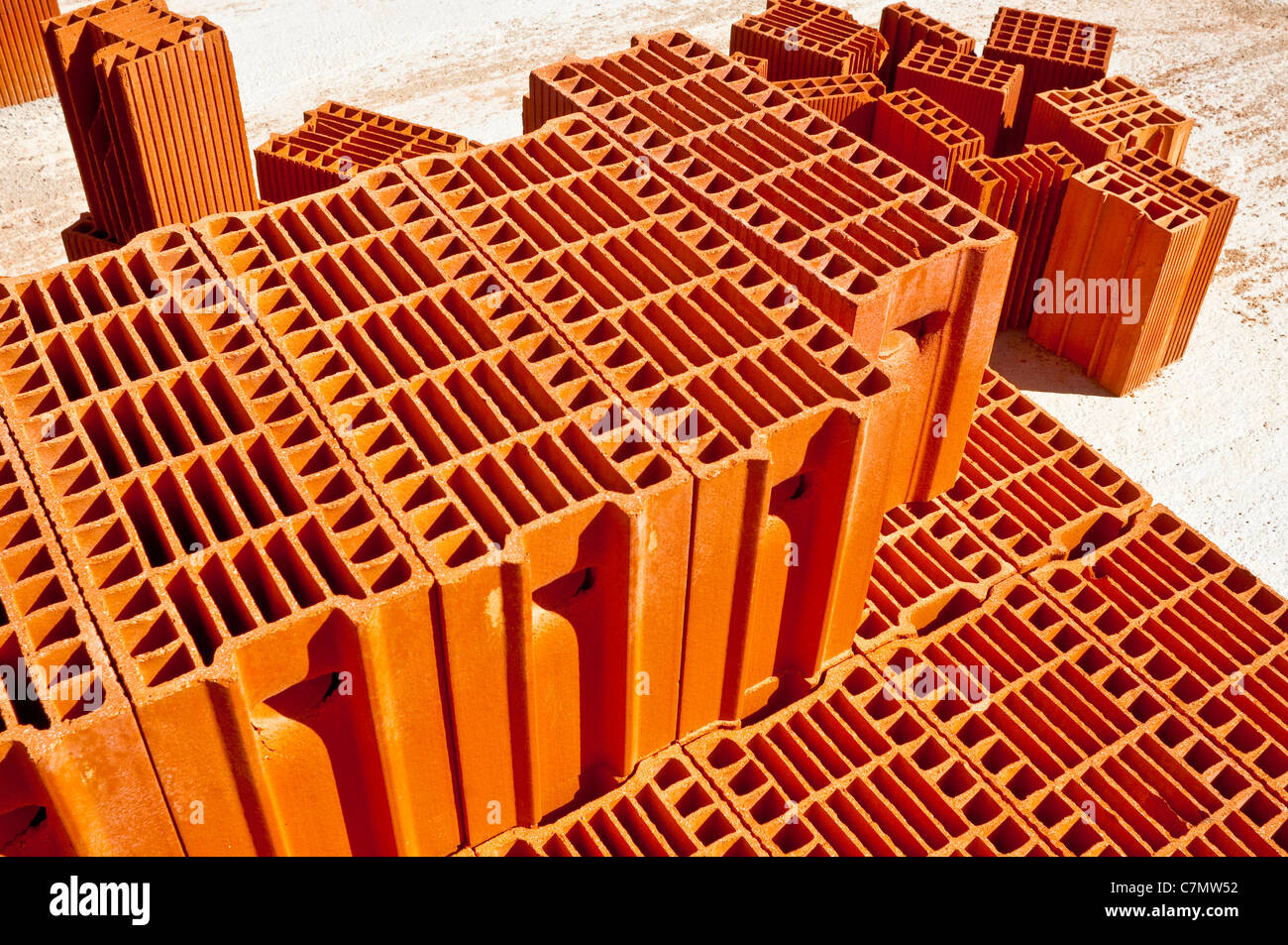 Stack of Bouyer Leroux bio-bricks - France. Stock Photo