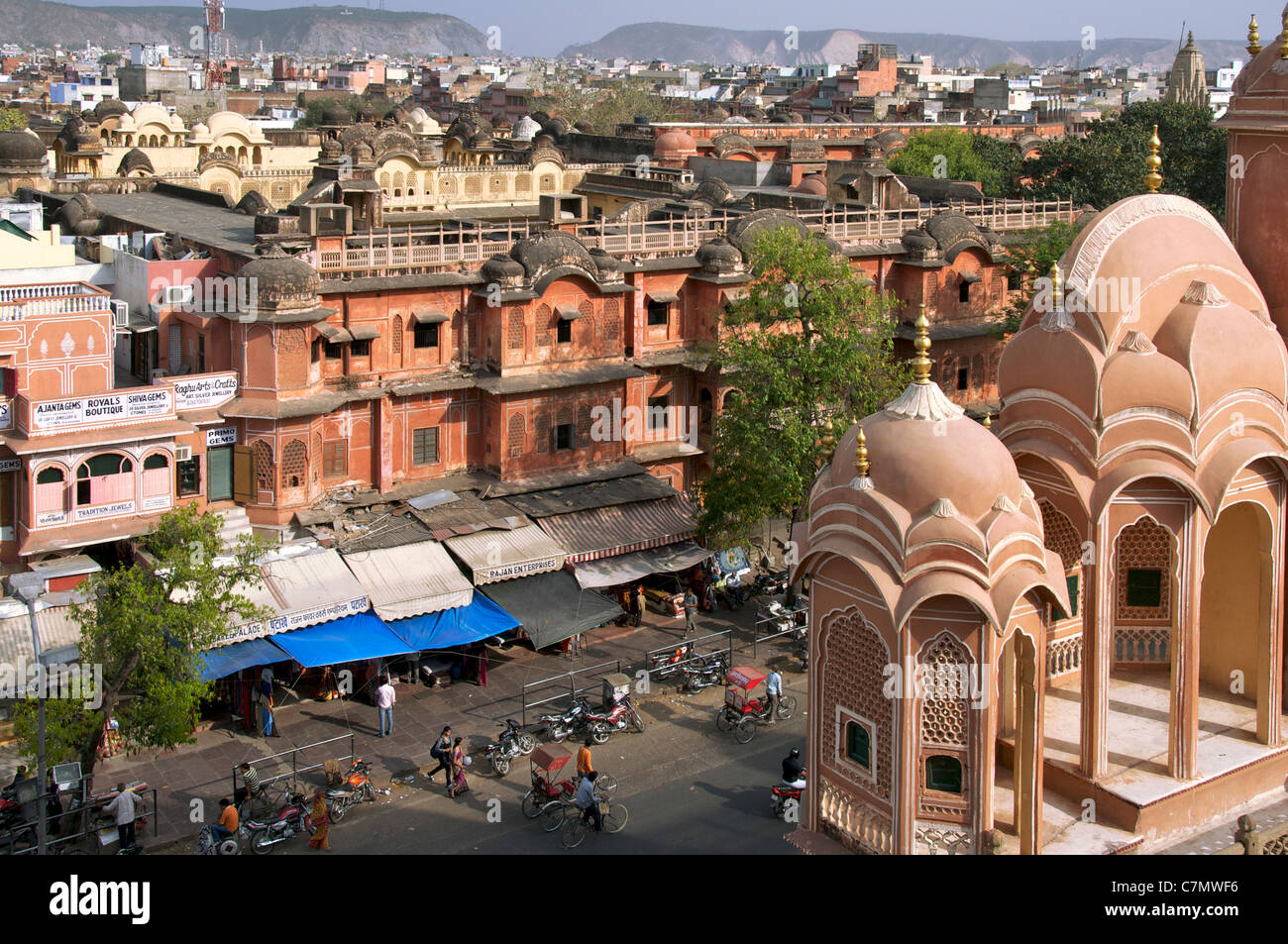 Siredeon Bazaar from inside Hawa Mahal or Palace of Winds Jaipur Rajasthan India Stock Photo