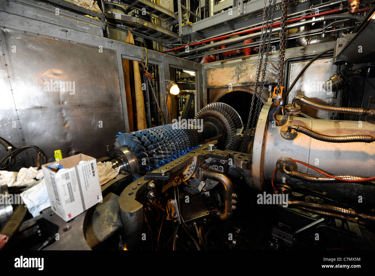 Inside of a power generation gas turbine.  Yale University power plant. Stock Photo