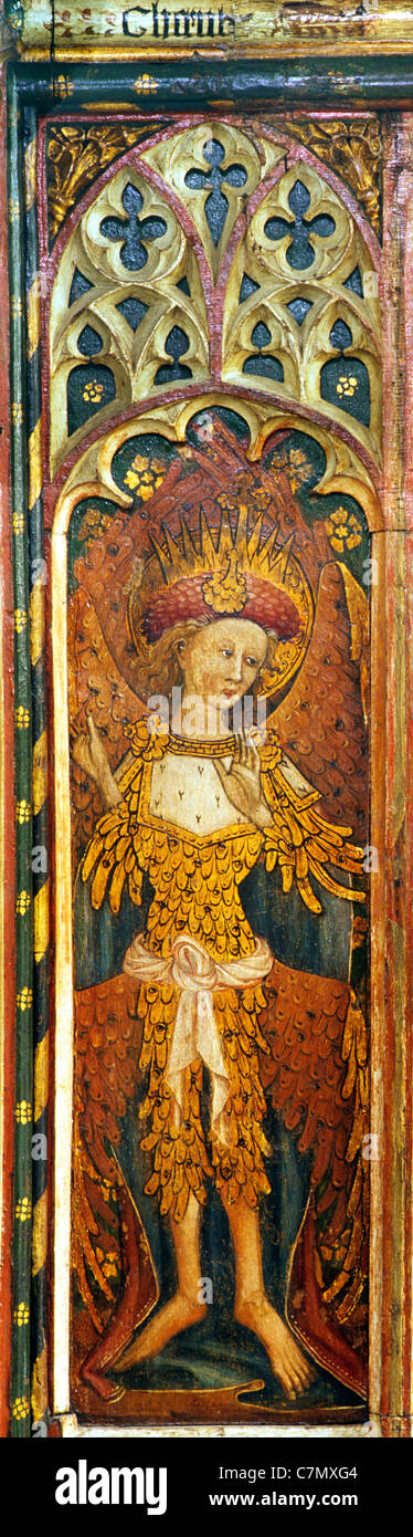 Barton Turf, Norfolk, rood screen, Cherubim, one of the 9 Nine Orders of Angels. six wings, gold plummage covered with eyes Stock Photo