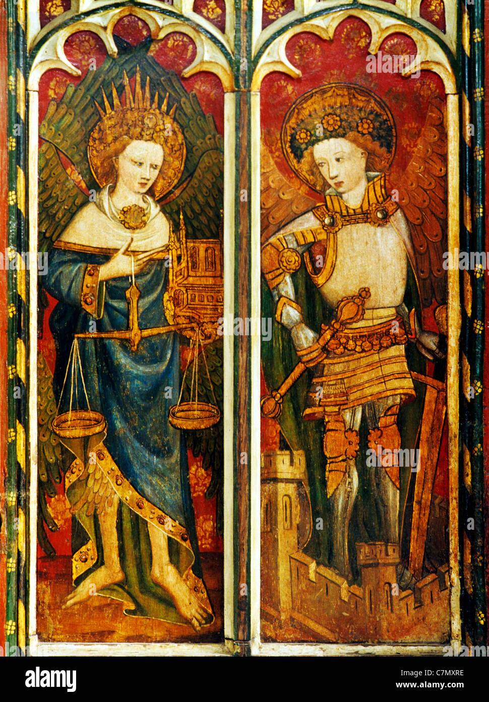 Barton Turf, Norfolk, rood screen, Thrones, holding pair of scales, and Archangels, in plate armour, standing on a citadel Stock Photo