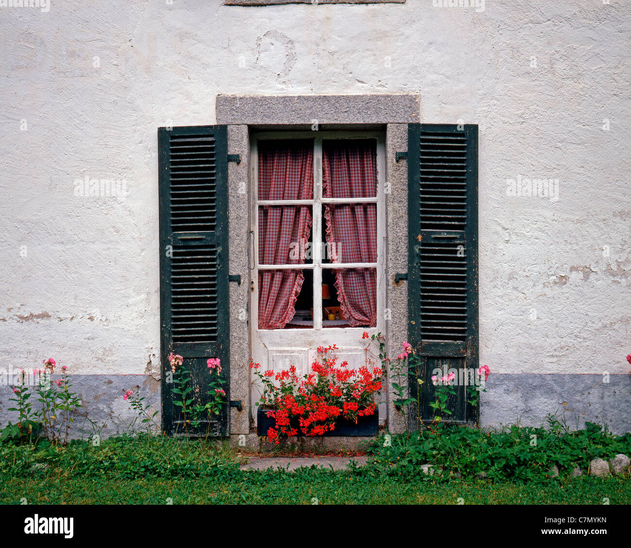 Exterior, flower garden, House,people window Stock Photo - Alamy