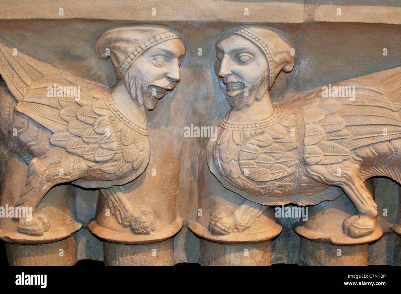 Spain, St. James Way: Romanesque capital with mythological figures in the Cathedral of Santo Domingo de la Calzada Stock Photo