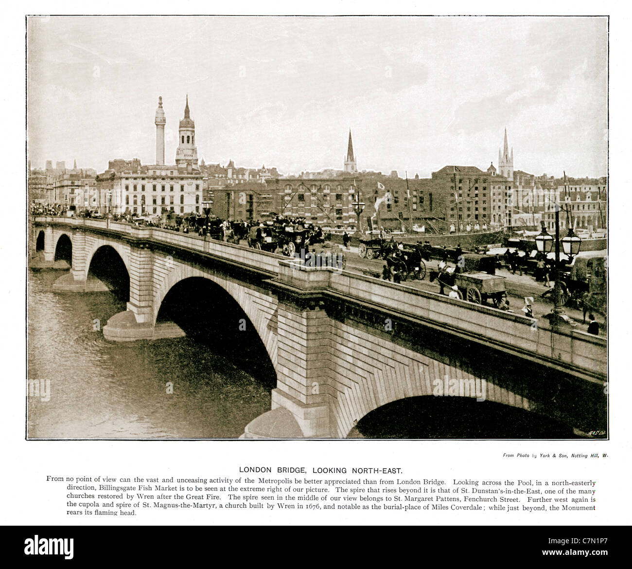 London Bridge, Looking North-East, 1897 Victorian photograph of the traffic crossing over the River Thames, the City behind Stock Photo