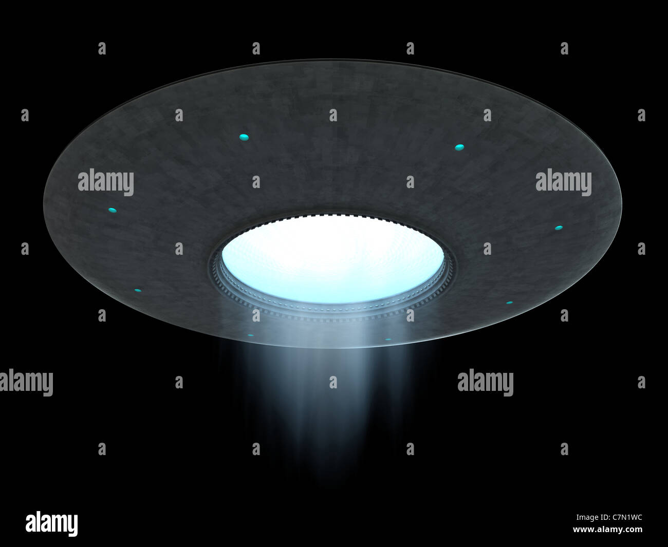 3d render of Flying saucer ufo over black background Stock Photo