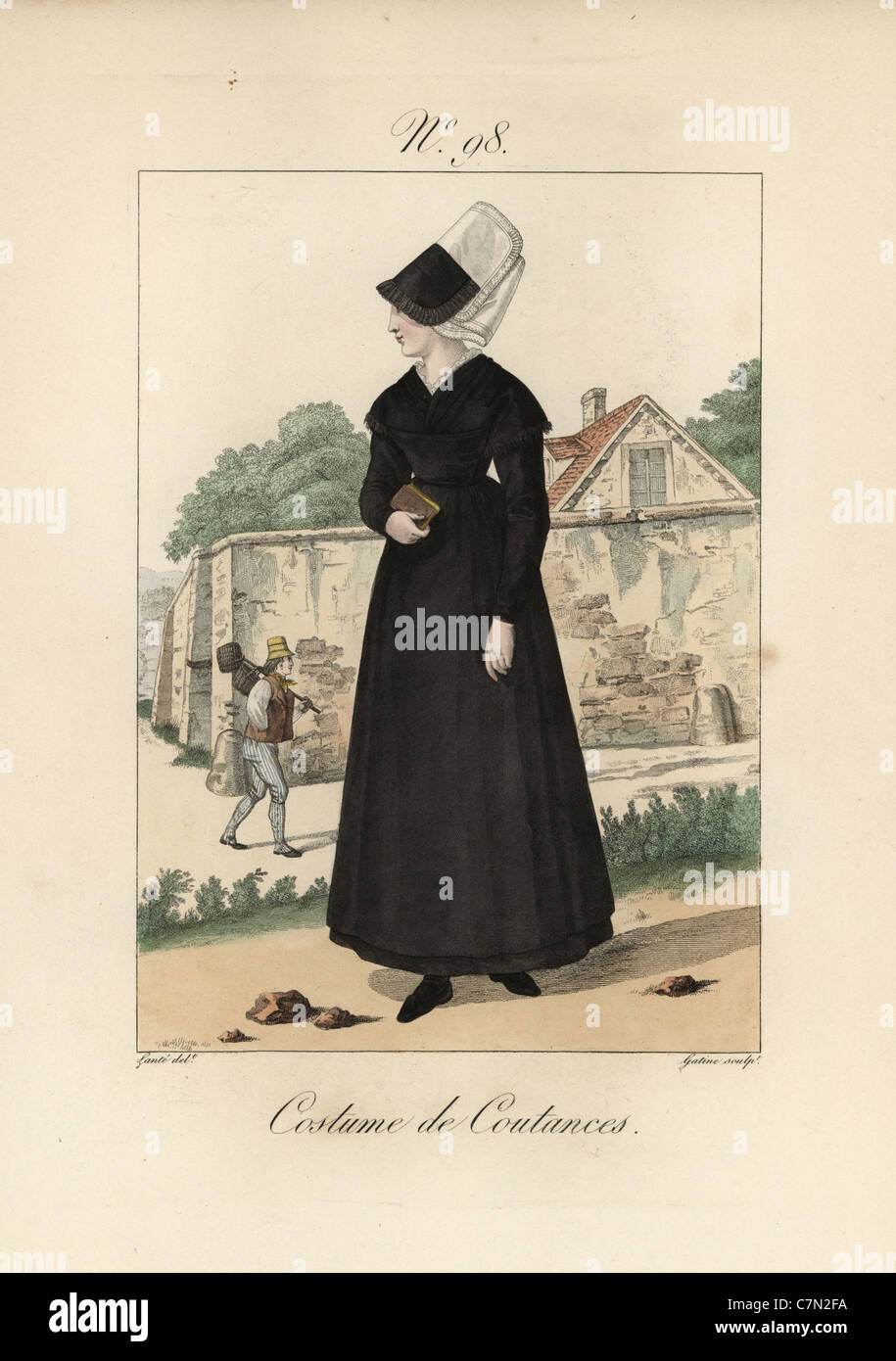 Costume of Coutances. Woman in mourning habit. Stock Photo