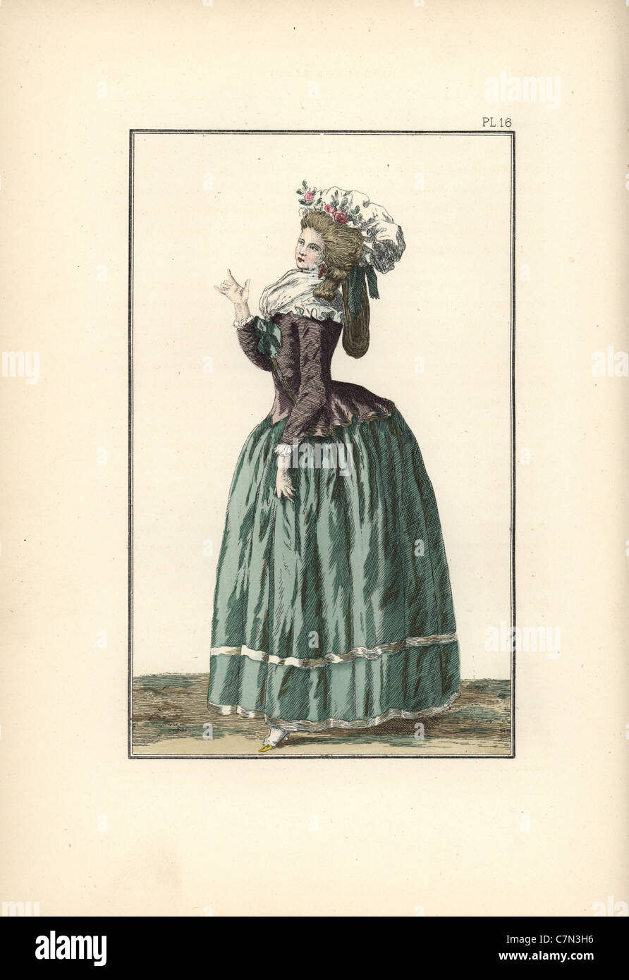 Woman in pierrot, pouf bonnet, apple green petticoat, with Jeannette ribbons on her shoes. Stock Photo