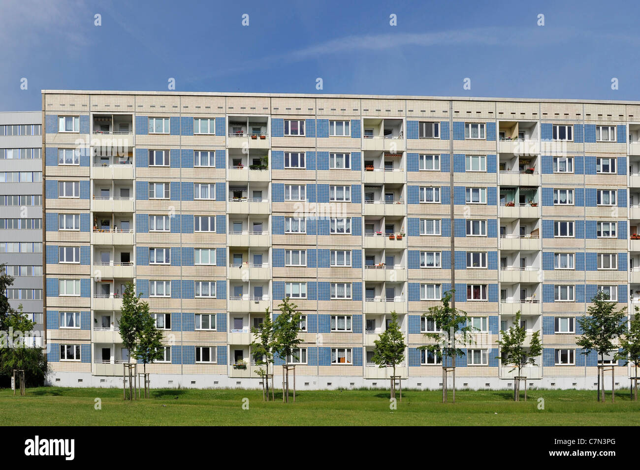 Prefabricated high-rise buildings, social housing, symmetry, housing estate, Dresden, Free State of Saxony, Germany, Europe Stock Photo