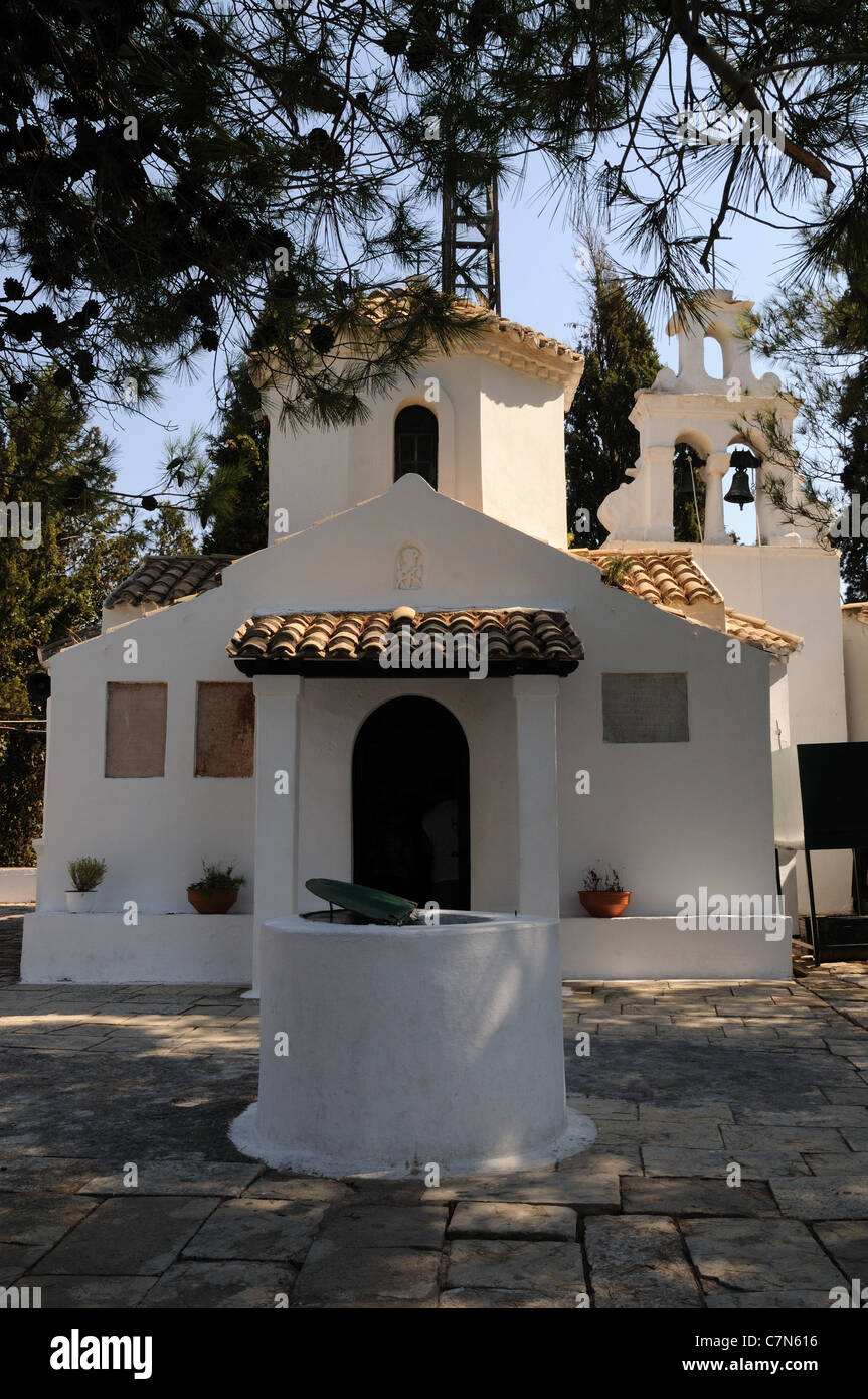 Pantokrator  Monastery on Pontikonisi or Mouse Island Bay of Kanoni Corfu Greece Stock Photo