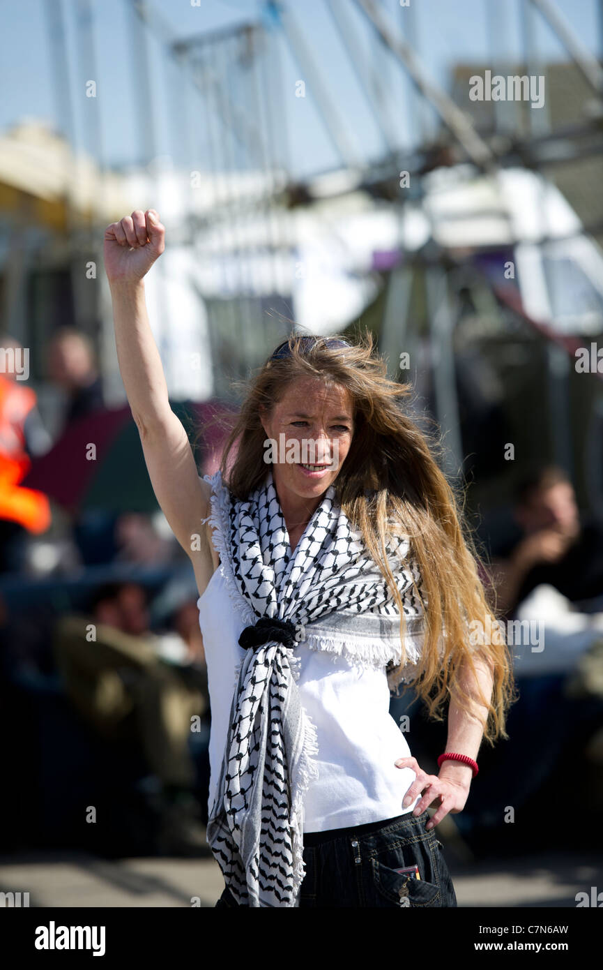 Dale Farm eviction. Female protester celebrates at new that High Court has temporarily halted the planned eviction of gypsy site Stock Photo